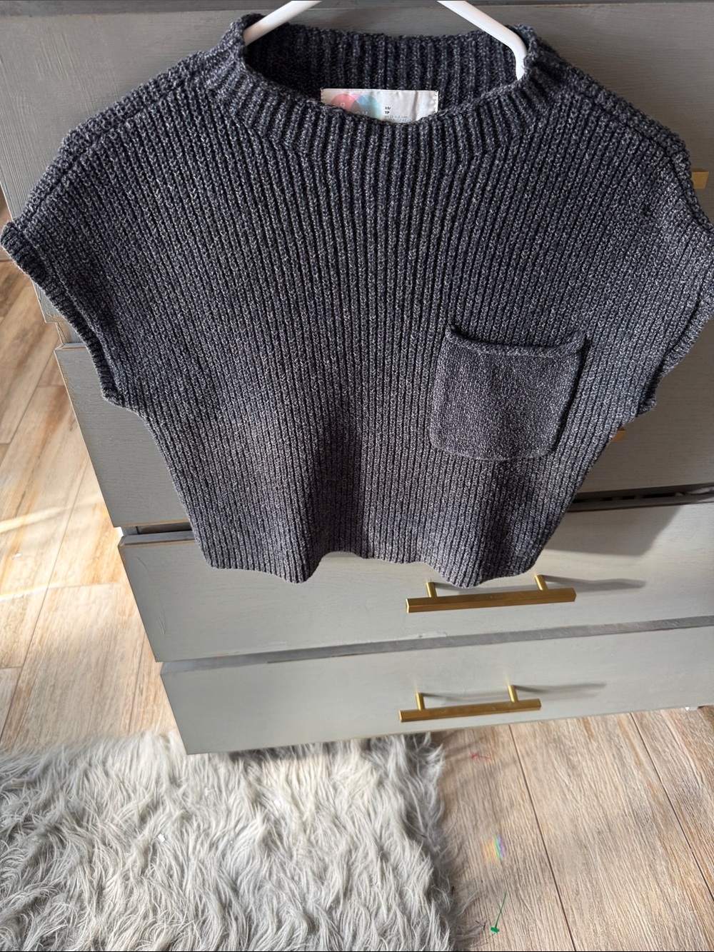 Free People Charcoal Ribbed Crewneck Short-Sleeve Sweater